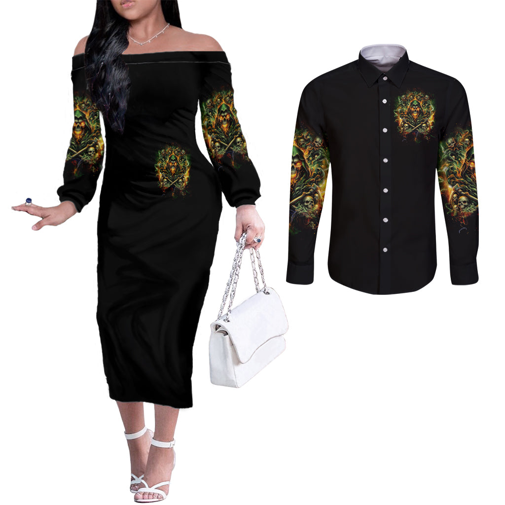 Rose Skull Couples Matching Off The Shoulder Long Sleeve Dress and Long Sleeve Button Shirt Don't Try Figure Me out