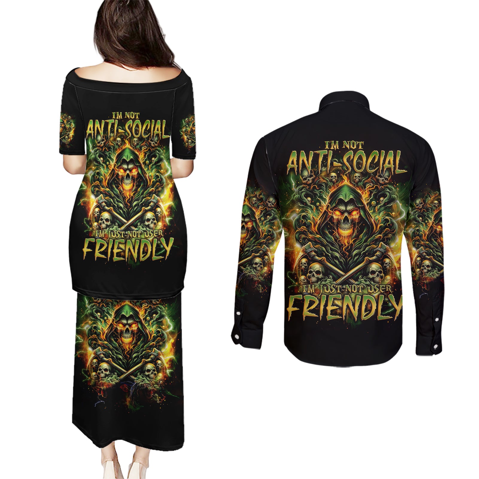 Rose Skull Couples Matching Puletasi and Long Sleeve Button Shirt Don't Try Figure Me out - Wonder Print Shop