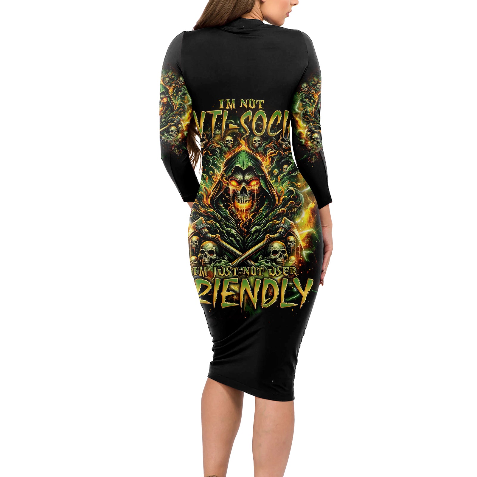 Rose Skull Long Sleeve Bodycon Dress Don't Try Figure Me out - Wonder Print Shop