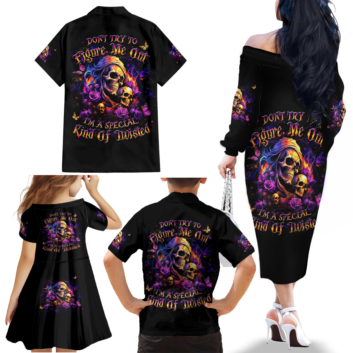 Irish Skull Family Matching Off Shoulder Long Sleeve Dress and Hawaiian Shirt Good Girl Drinve Wine, Badass Girl Chug Beer - Wonder Print Shop