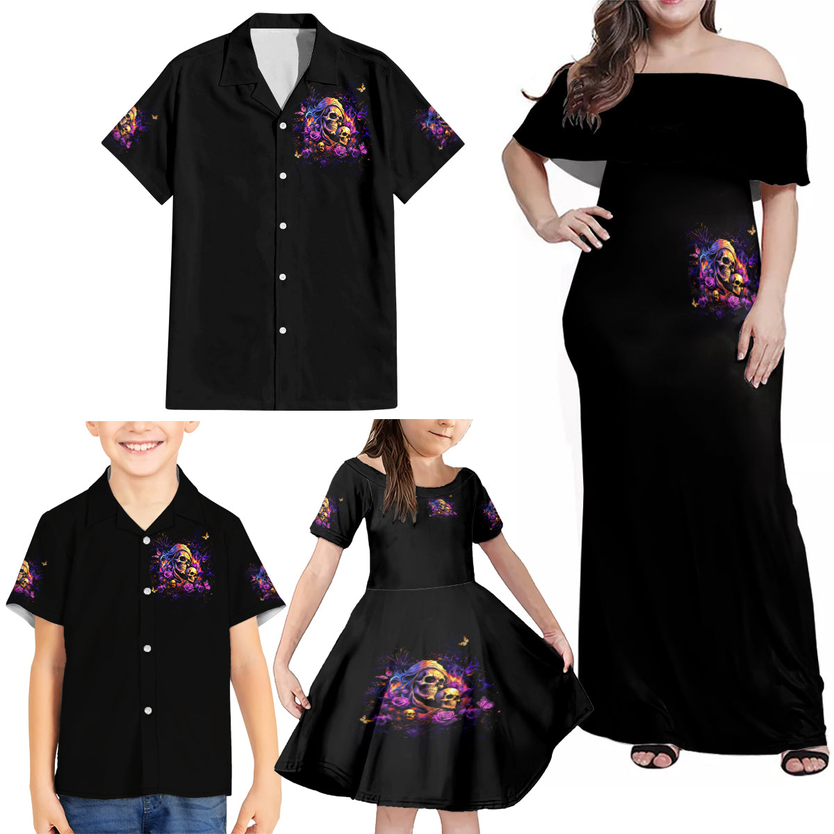 Irish Skull Family Matching Off Shoulder Maxi Dress and Hawaiian Shirt Good Girl Drinve Wine, Badass Girl Chug Beer - Wonder Print Shop