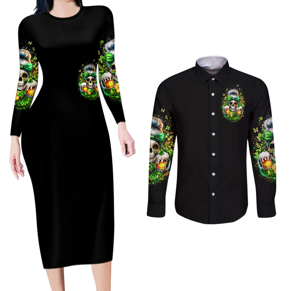 Rose Skull Couples Matching Long Sleeve Bodycon Dress and Long Sleeve Button Shirt No Matter How Much I Try To Be Fucking Nice - Wonder Print Shop