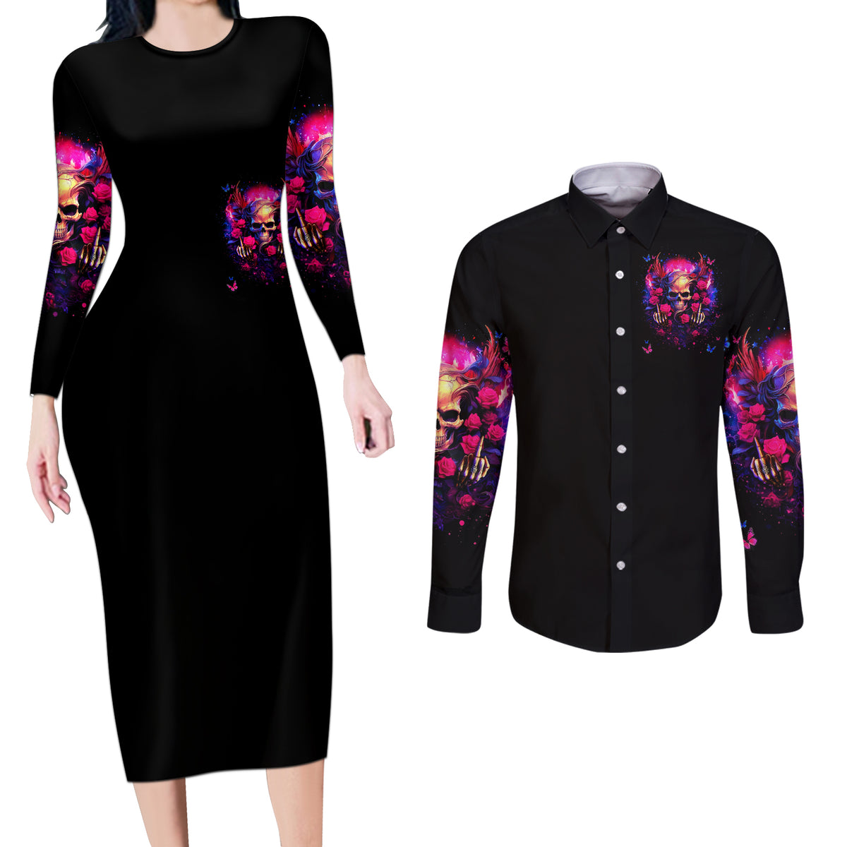 Rose Skull Couples Matching Long Sleeve Bodycon Dress and Long Sleeve Button Shirt No Matter How Much I Try To Be Fucking Nice - Wonder Print Shop