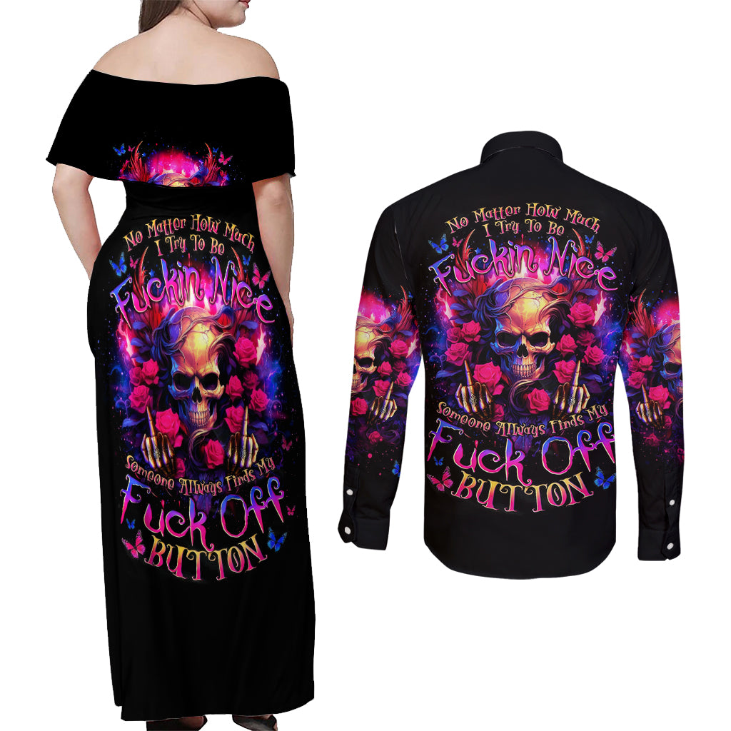 Rose Skull Couples Matching Off Shoulder Maxi Dress and Long Sleeve Button Shirt No Matter How Much I Try To Be Fucking Nice - Wonder Print Shop