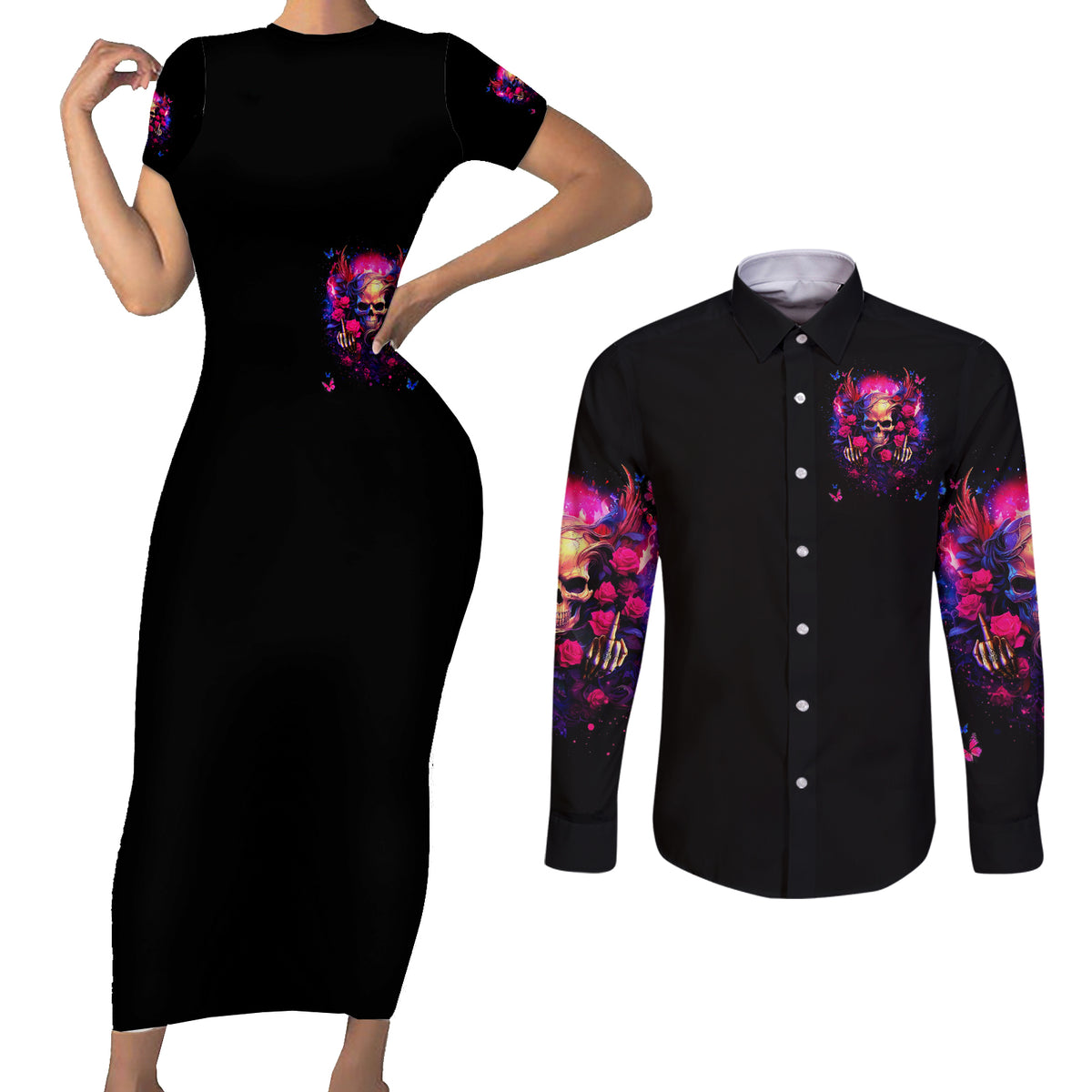 Rose Skull Couples Matching Short Sleeve Bodycon Dress and Long Sleeve Button Shirt No Matter How Much I Try To Be Fucking Nice - Wonder Print Shop