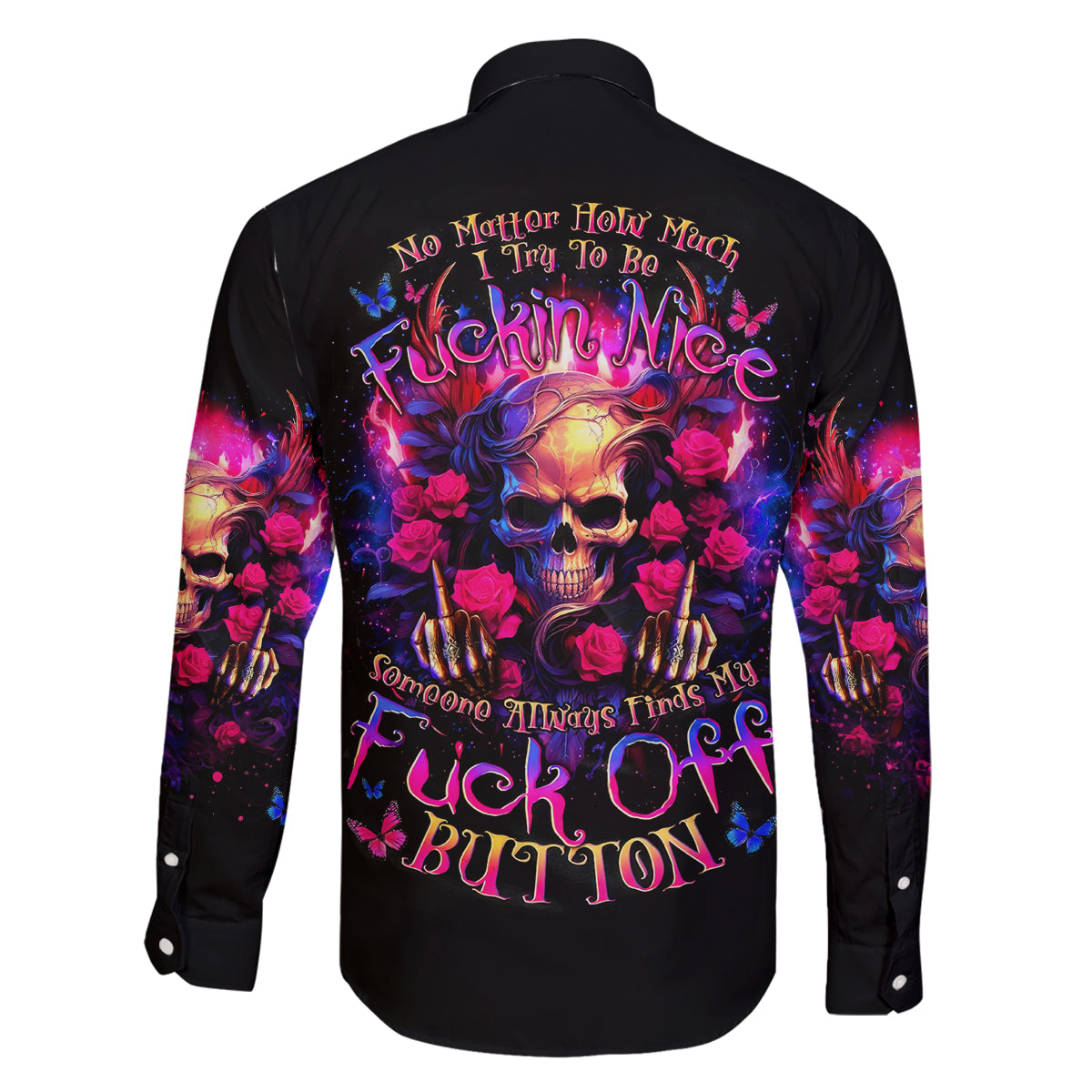 Rose Skull Family Matching Off Shoulder Long Sleeve Dress and Hawaiian Shirt No Matter How Much I Try To Be Fucking Nice - Wonder Print Shop