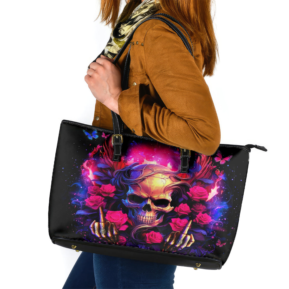 Rose Skull Leather Tote Bag No Matter How Much I Try To Be Fucking Nice - Wonder Print Shop