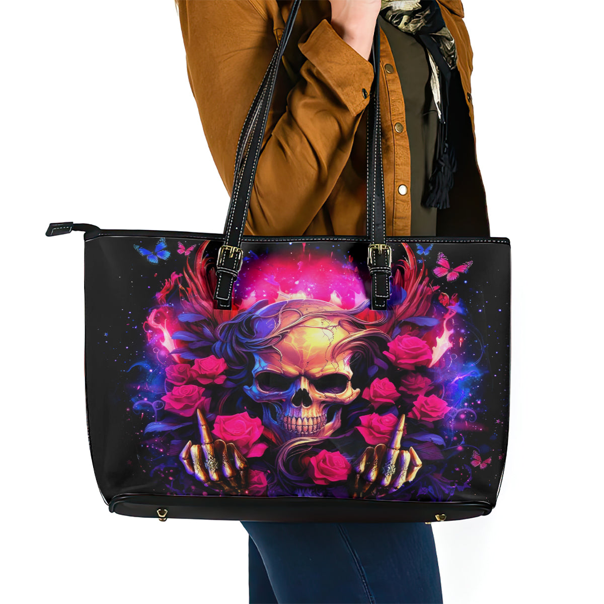 Rose Skull Leather Tote Bag No Matter How Much I Try To Be Fucking Nice - Wonder Print Shop