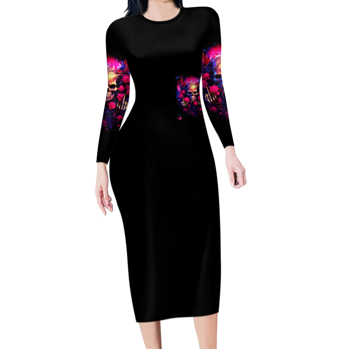 Rose Skull Long Sleeve Bodycon Dress No Matter How Much I Try To Be Fucking Nice - Wonder Print Shop