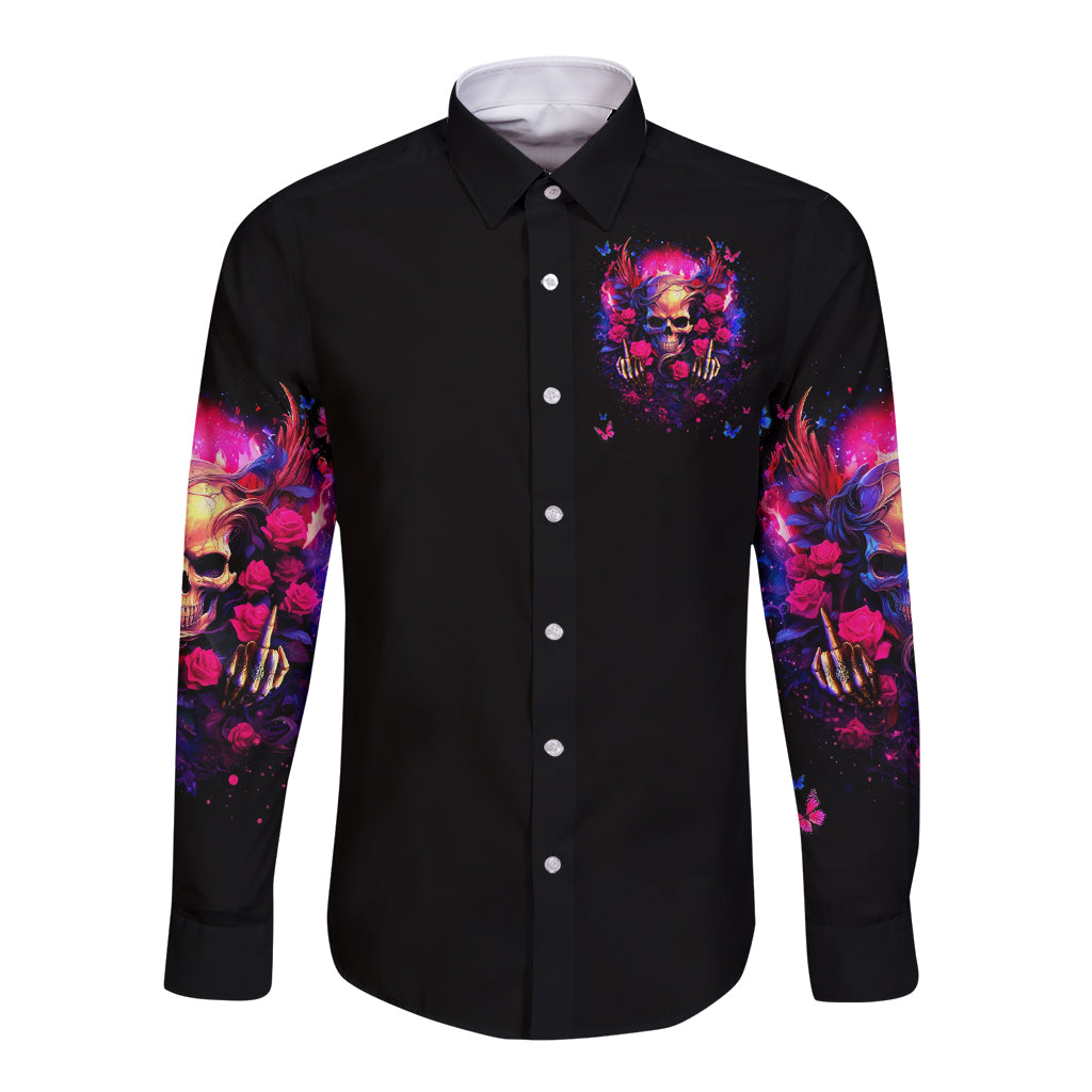 Rose Skull Long Sleeve Button Shirt No Matter How Much I Try To Be Fucking Nice - Wonder Print Shop