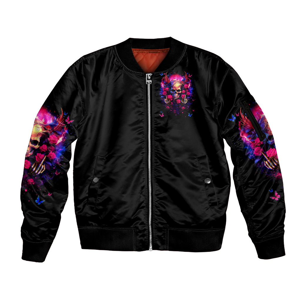 Rose Skull Sleeve Zip Bomber Jacket No Matter How Much I Try To Be Fucking Nice - Wonder Print Shop