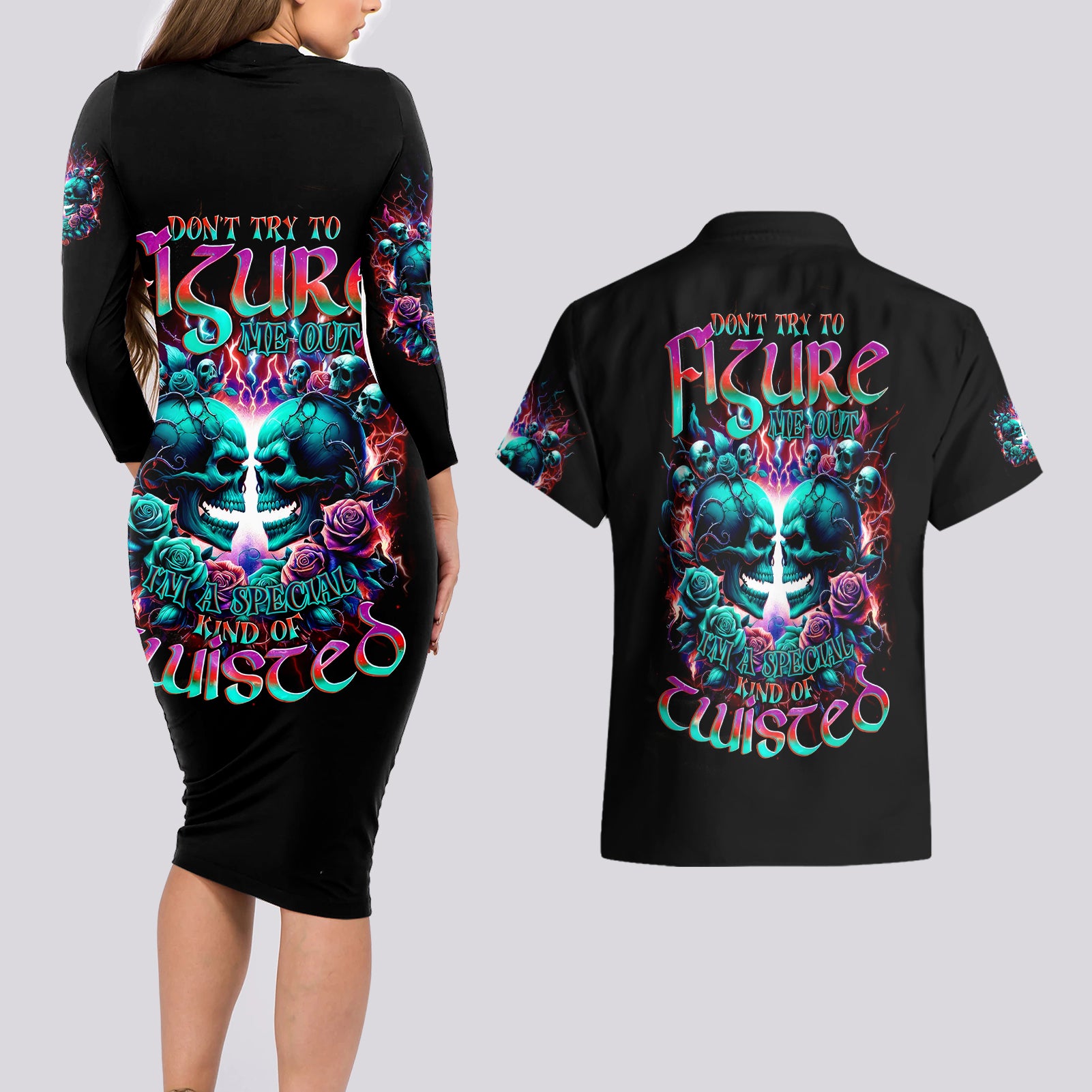 Twin Skull Couples Matching Long Sleeve Bodycon Dress and Hawaiian Shirt Don't Try Figure Me out I'm A Special Kind Of Twisted - Wonder Print Shop
