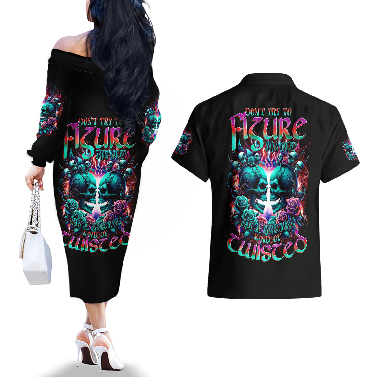 Twin Skull Couples Matching Off The Shoulder Long Sleeve Dress and Hawaiian Shirt Don't Try Figure Me out I'm A Special Kind Of Twisted - Wonder Print Shop
