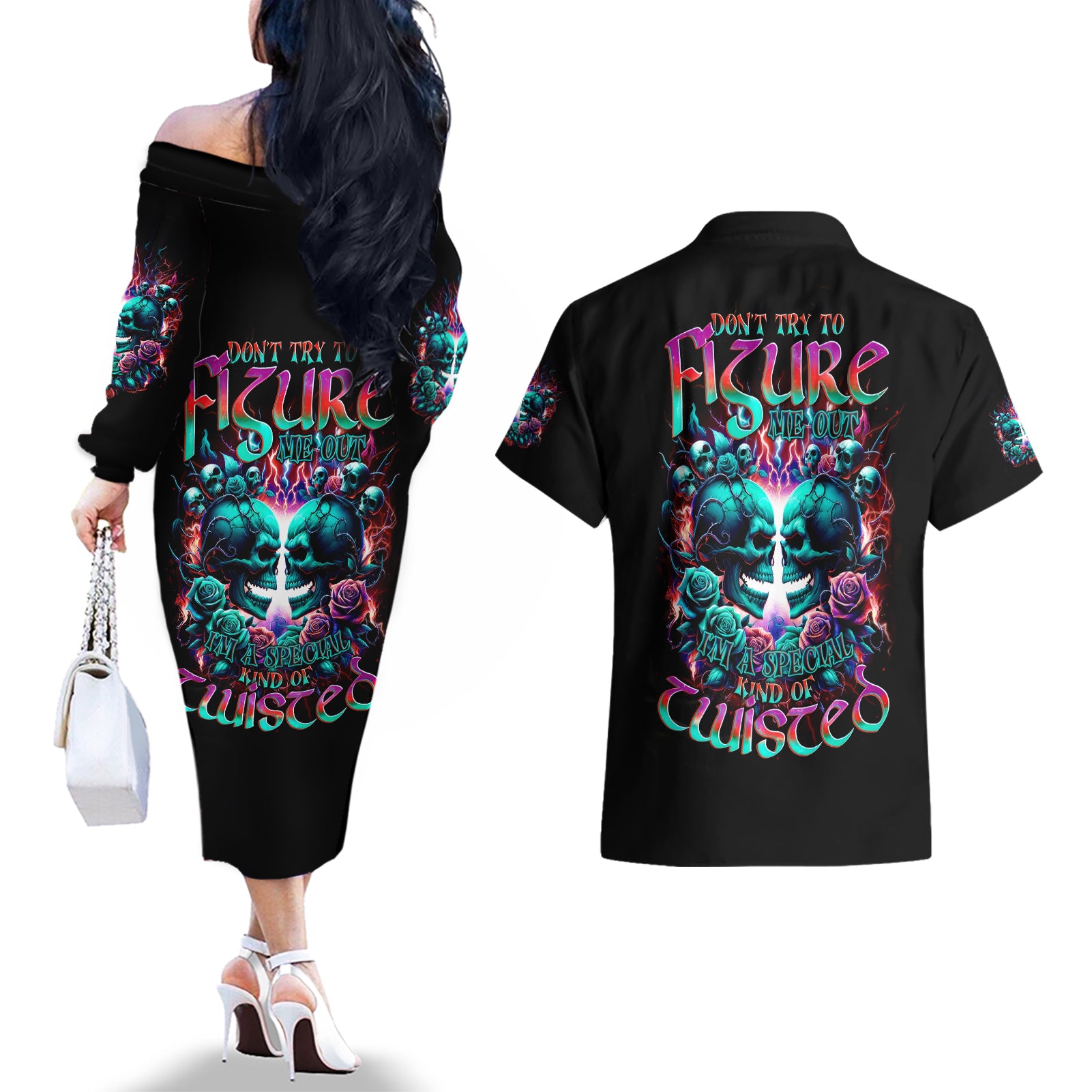 Twin Skull Couples Matching Off The Shoulder Long Sleeve Dress and Hawaiian Shirt Don't Try Figure Me out I'm A Special Kind Of Twisted - Wonder Print Shop
