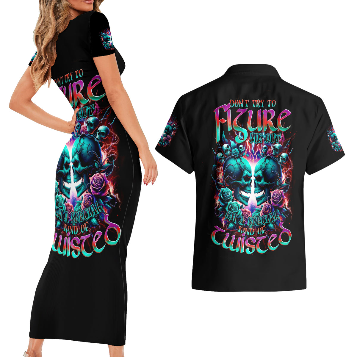 Twin Skull Couples Matching Short Sleeve Bodycon Dress and Hawaiian Shirt Don't Try Figure Me out I'm A Special Kind Of Twisted - Wonder Print Shop