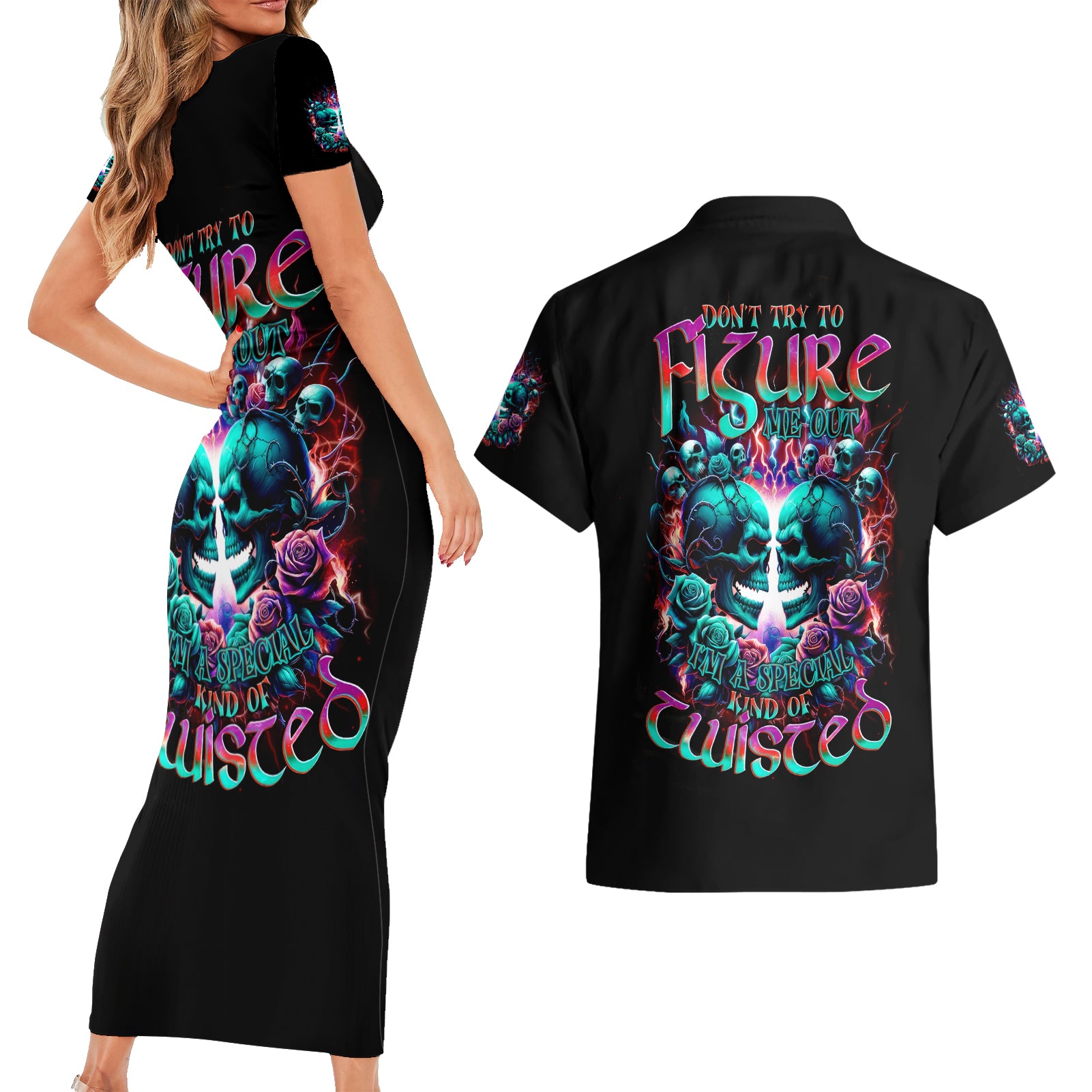 Twin Skull Couples Matching Short Sleeve Bodycon Dress and Hawaiian Shirt Don't Try Figure Me out I'm A Special Kind Of Twisted - Wonder Print Shop
