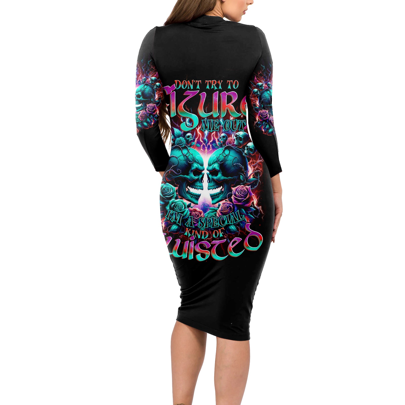 Twin Skull Long Sleeve Bodycon Dress Don't Try Figure Me out I'm A Special Kind Of Twisted - Wonder Print Shop