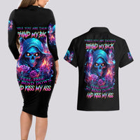 Flame Skull Couples Matching Long Sleeve Bodycon Dress and Hawaiian Shirt While You Are Talking Behind My Back Freel Free To Bend Down And Kiss My Ass - Wonder Print Shop