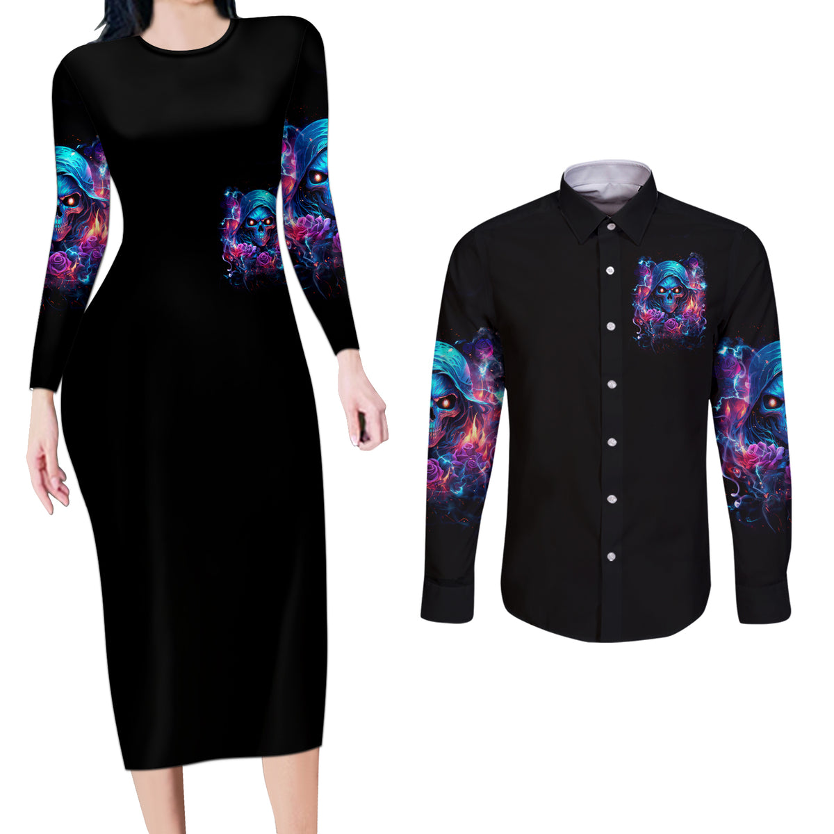 Flame Skull Couples Matching Long Sleeve Bodycon Dress and Long Sleeve Button Shirt While You Are Talking Behind My Back Freel Free To Bend Down And Kiss My Ass - Wonder Print Shop