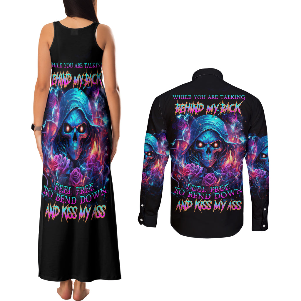 Flame Skull Couples Matching Tank Maxi Dress and Long Sleeve Button Shirt While You Are Talking Behind My Back Freel Free To Bend Down And Kiss My Ass - Wonder Print Shop