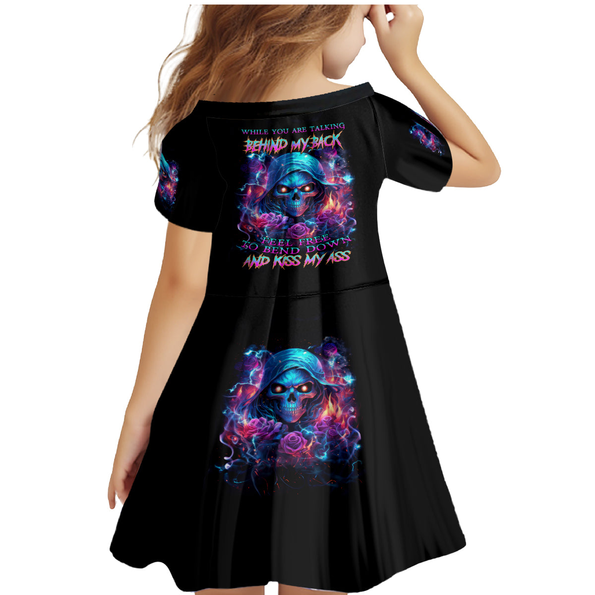 Flame Skull Family Matching Mermaid Dress and Hawaiian Shirt While You Are Talking Behind My Back Freel Free To Bend Down And Kiss My Ass - Wonder Print Shop