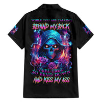 Flame Skull Family Matching Off Shoulder Long Sleeve Dress and Hawaiian Shirt While You Are Talking Behind My Back Freel Free To Bend Down And Kiss My Ass - Wonder Print Shop