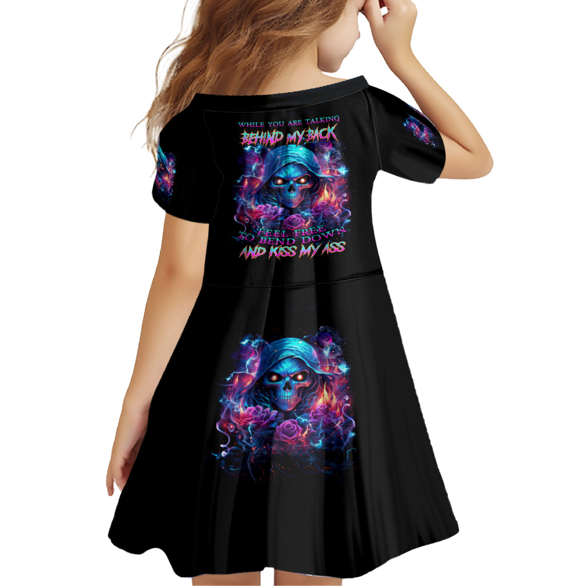 Flame Skull Family Matching Short Sleeve Bodycon Dress and Hawaiian Shirt While You Are Talking Behind My Back Freel Free To Bend Down And Kiss My Ass - Wonder Print Shop