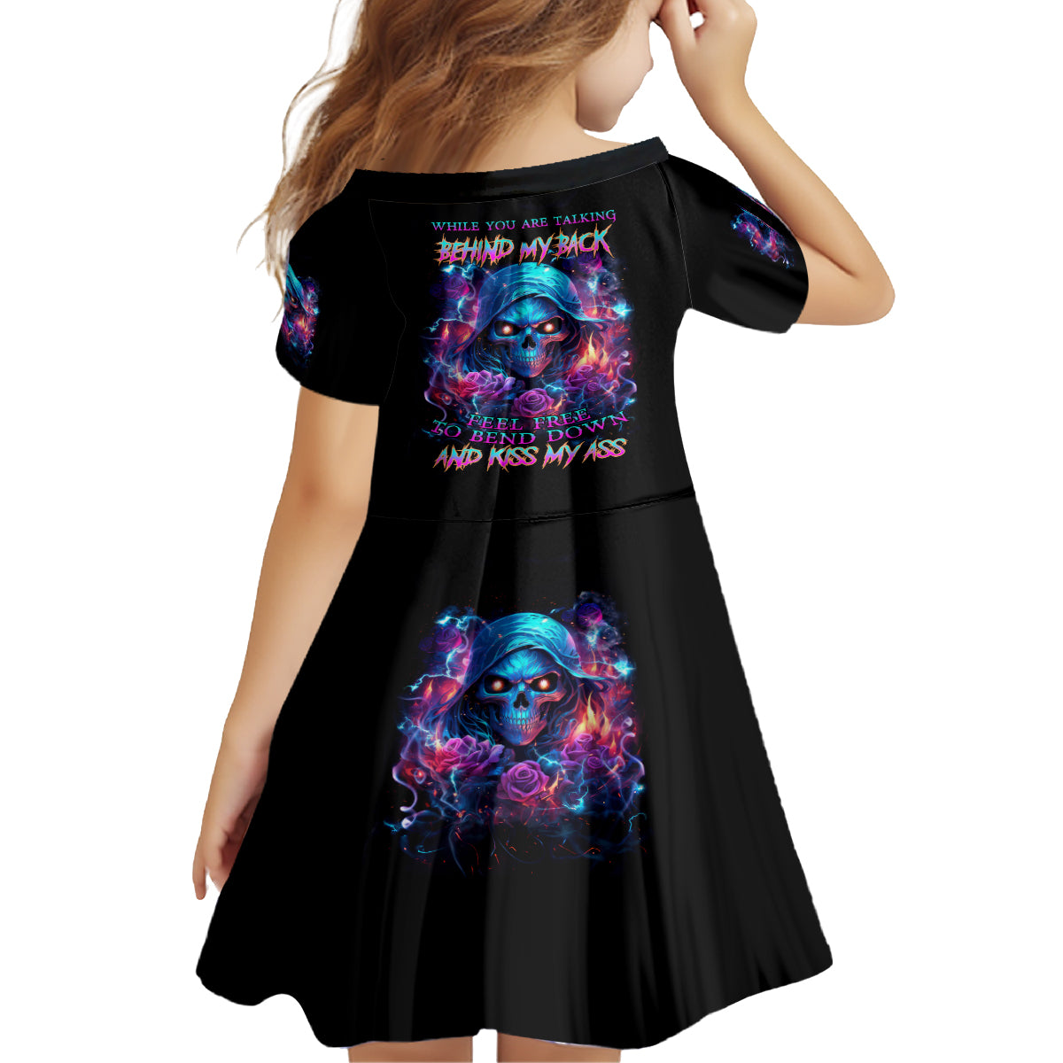Flame Skull Kid Short Sleeve Dress While You Are Talking Behind My Back Freel Free To Bend Down And Kiss My Ass - Wonder Print Shop