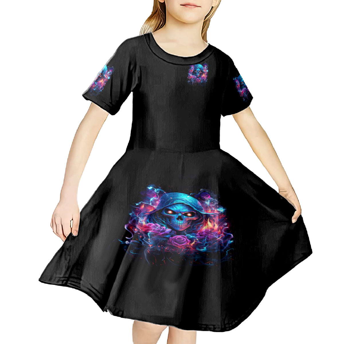 Flame Skull Kid Short Sleeve Dress While You Are Talking Behind My Back Freel Free To Bend Down And Kiss My Ass - Wonder Print Shop