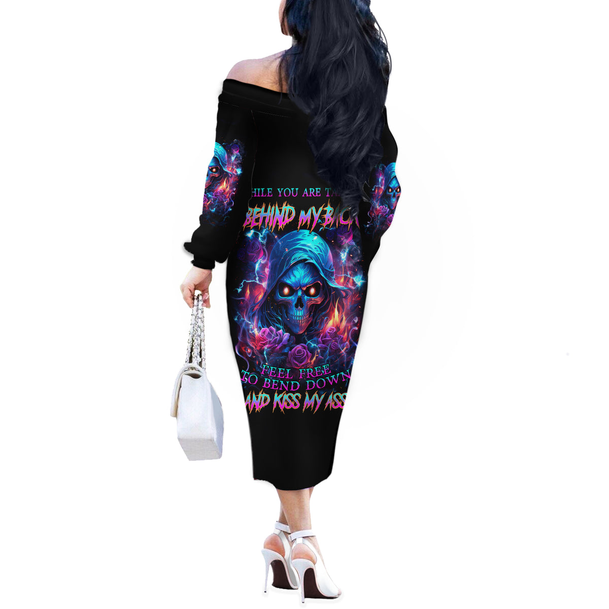 Flame Skull Off The Shoulder Long Sleeve Dress While You Are Talking Behind My Back Freel Free To Bend Down And Kiss My Ass - Wonder Print Shop