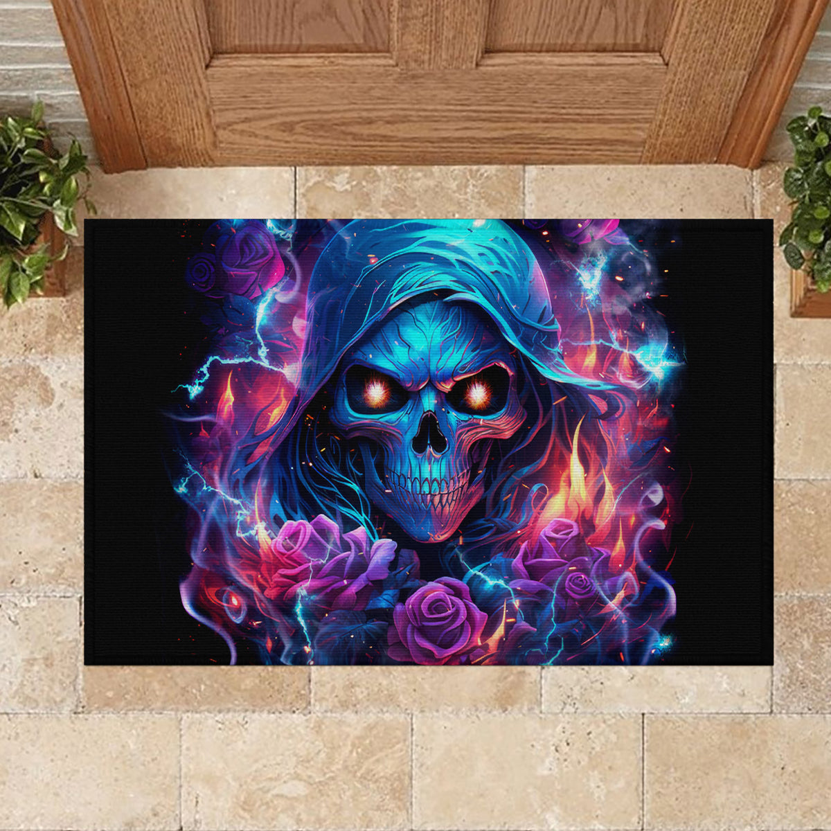 Flame Skull Rubber Doormat While You Are Talking Behind My Back Freel Free To Bend Down And Kiss My Ass - Wonder Print Shop