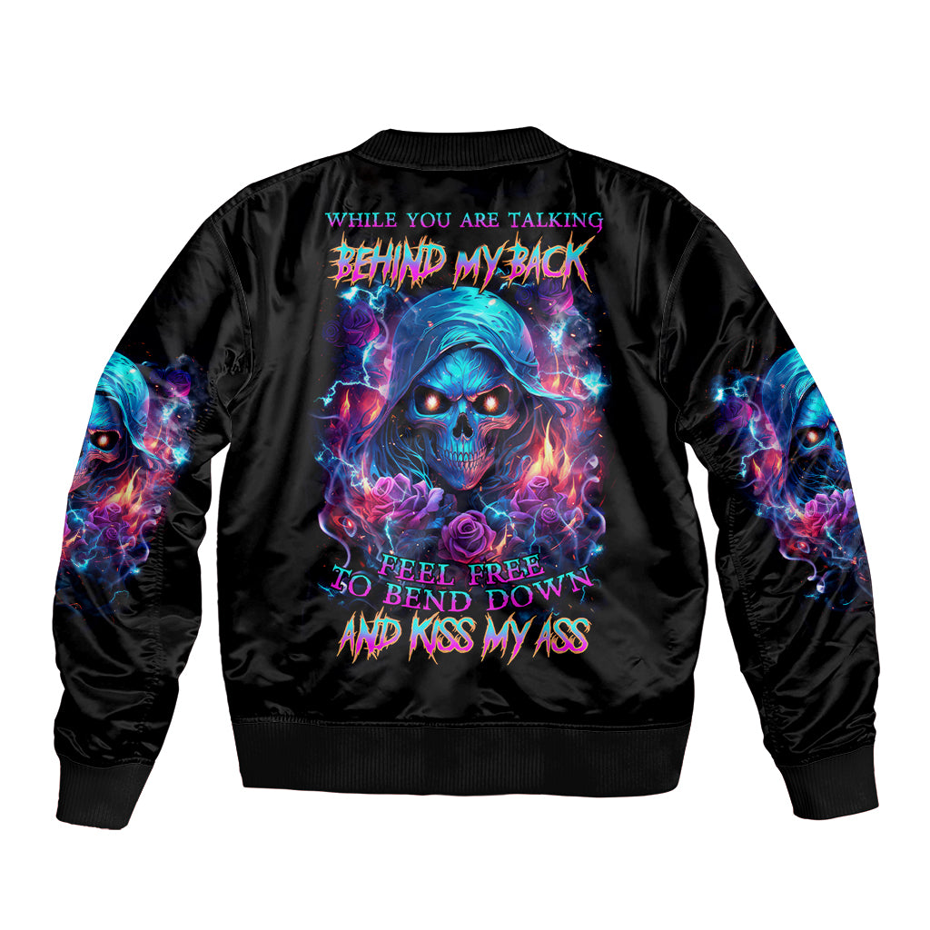 Flame Skull Sleeve Zip Bomber Jacket While You Are Talking Behind My Back Freel Free To Bend Down And Kiss My Ass - Wonder Print Shop