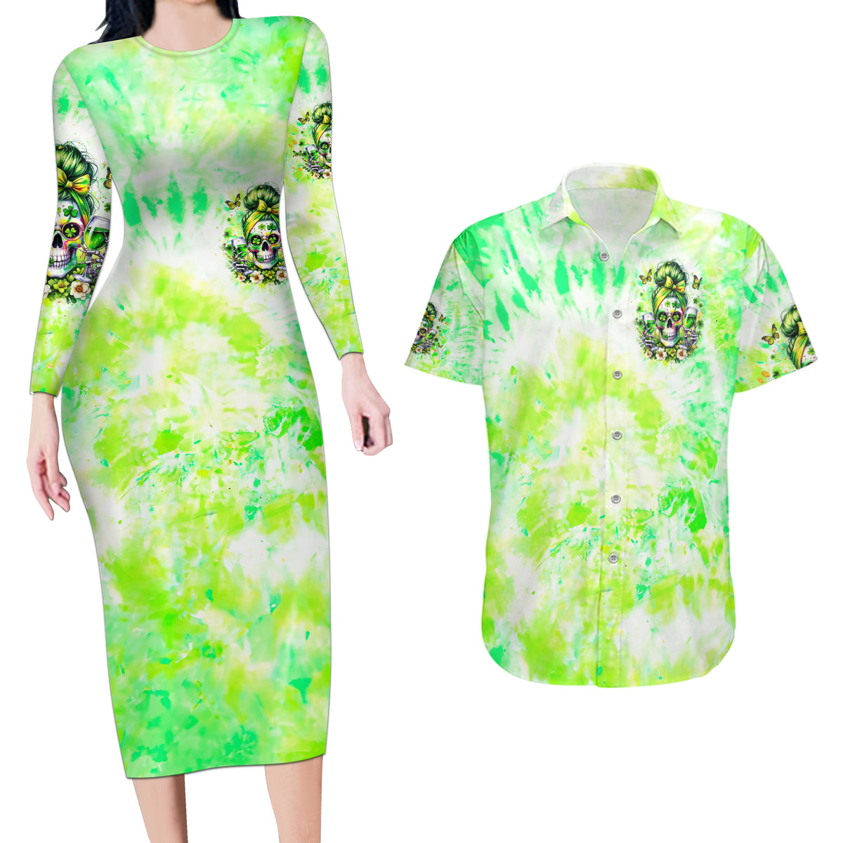 Irish Skull Couples Matching Long Sleeve Bodycon Dress and Hawaiian Shirt Drink Up Bitch - Wonder Print Shop