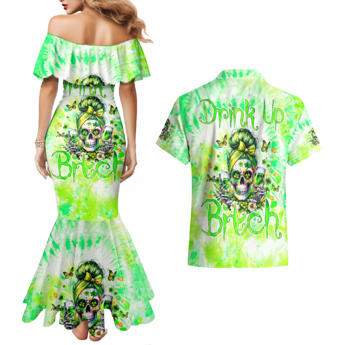 Irish Skull Couples Matching Mermaid Dress and Hawaiian Shirt Drink Up Bitch - Wonder Print Shop