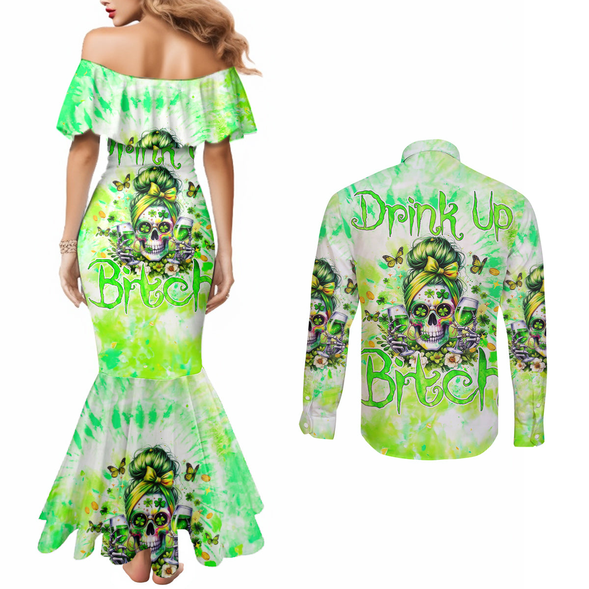 Irish Skull Couples Matching Mermaid Dress and Long Sleeve Button Shirt Drink Up Bitch