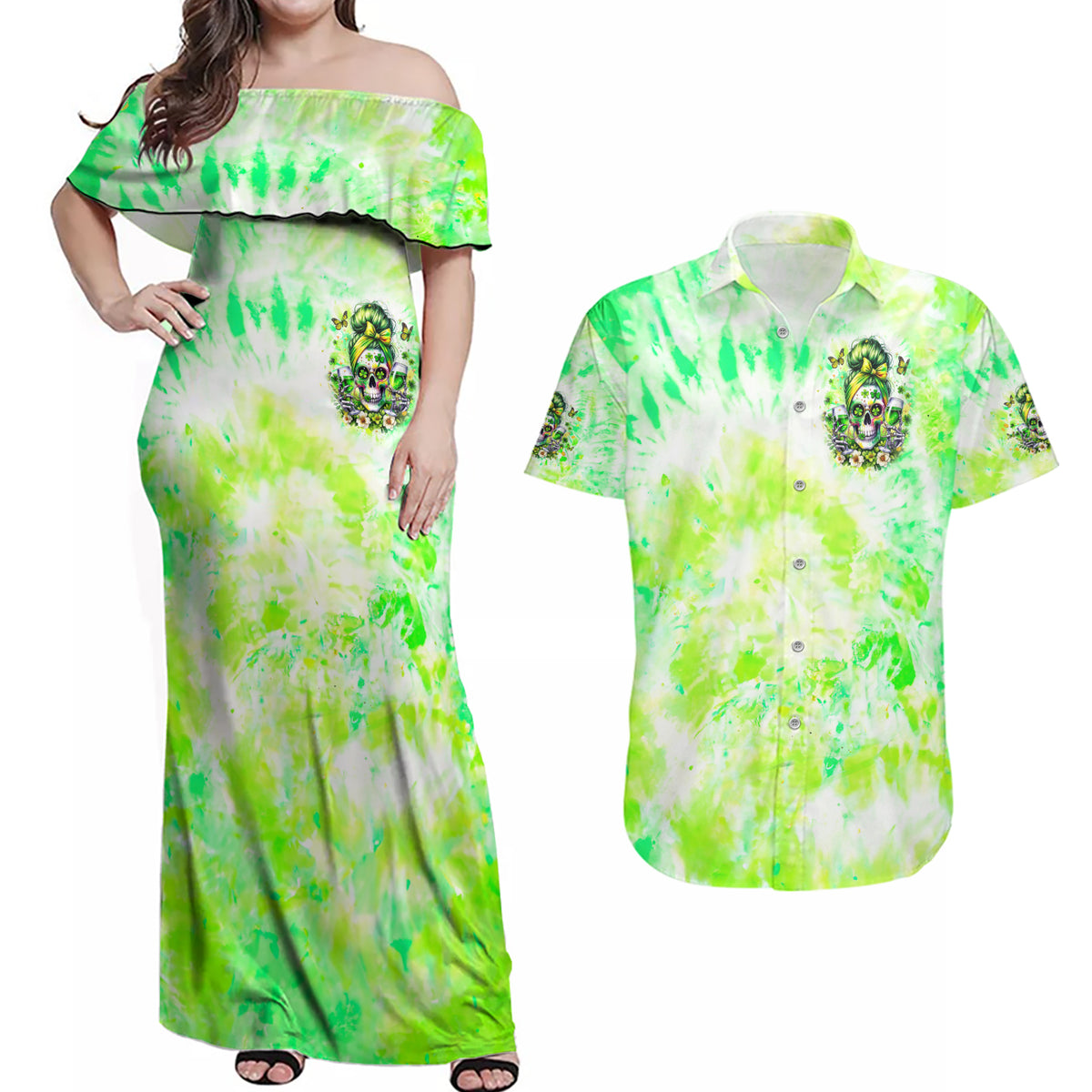Irish Skull Couples Matching Off Shoulder Maxi Dress and Hawaiian Shirt Drink Up Bitch - Wonder Print Shop