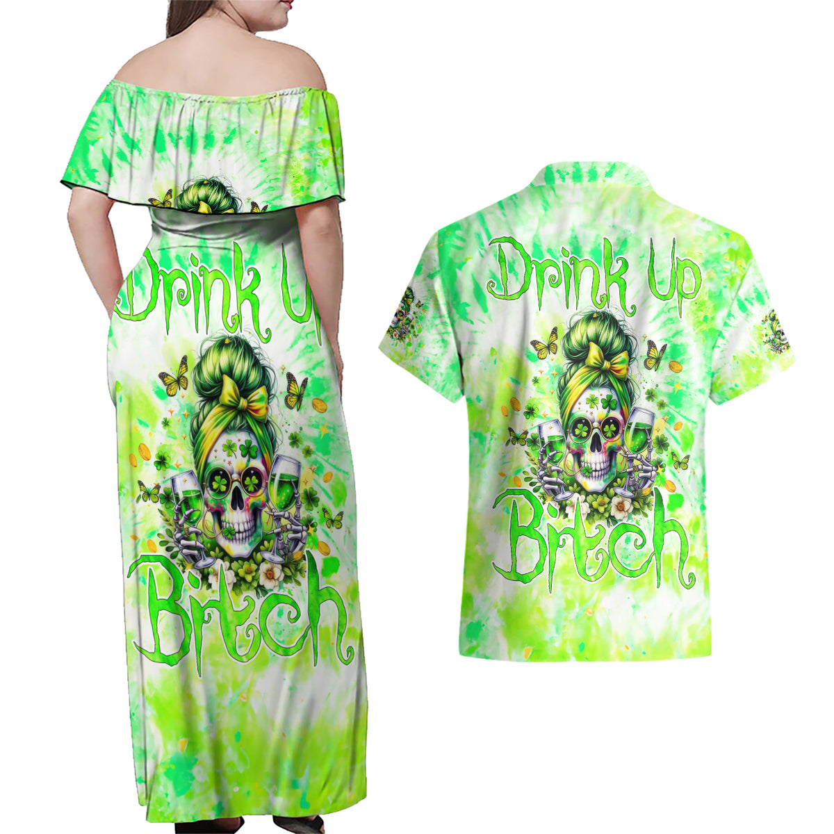 Irish Skull Couples Matching Off Shoulder Maxi Dress and Hawaiian Shirt Drink Up Bitch - Wonder Print Shop
