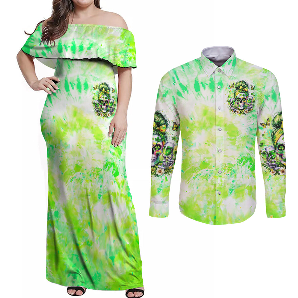 Irish Skull Couples Matching Off Shoulder Maxi Dress and Long Sleeve Button Shirt Drink Up Bitch - Wonder Print Shop