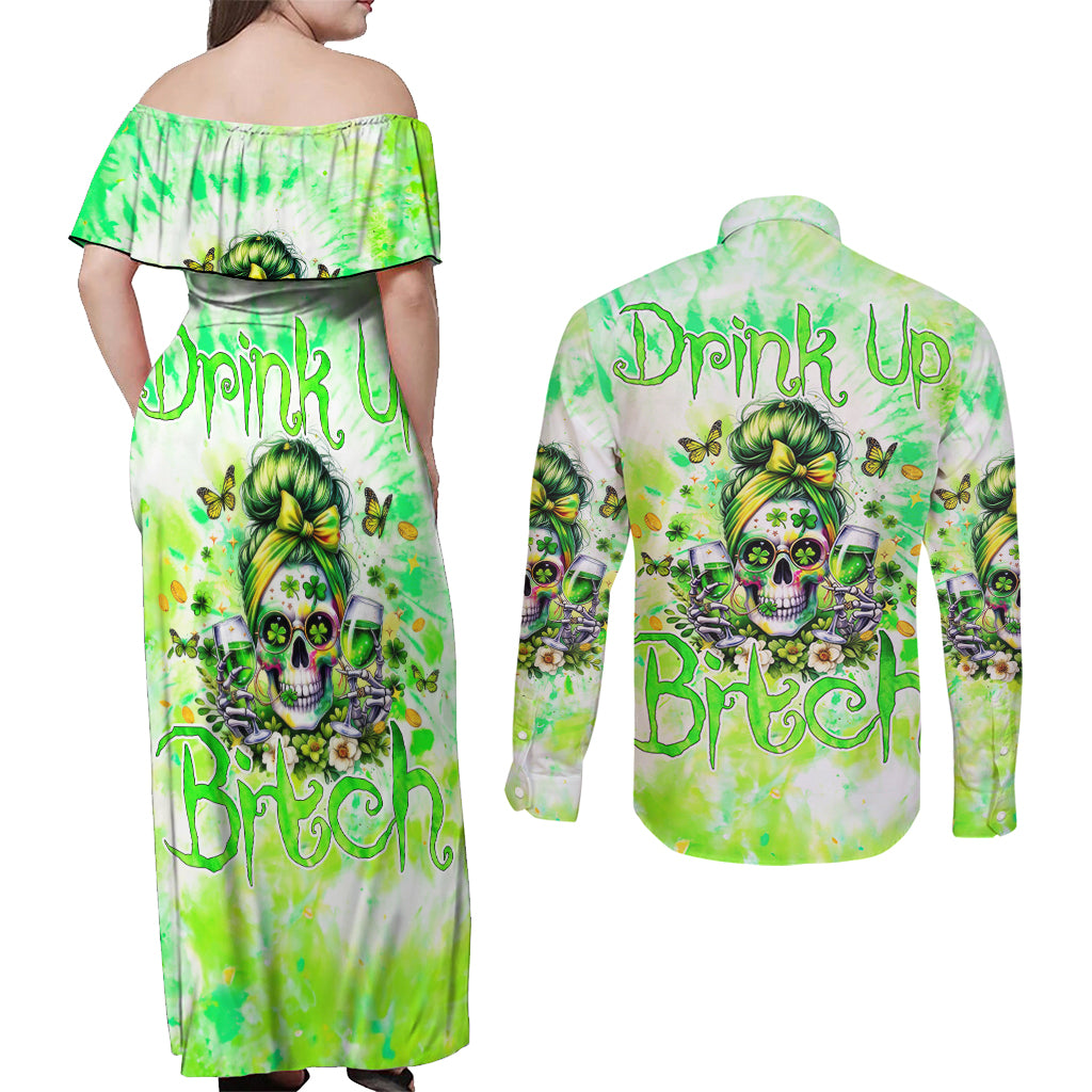 Irish Skull Couples Matching Off Shoulder Maxi Dress and Long Sleeve Button Shirt Drink Up Bitch - Wonder Print Shop