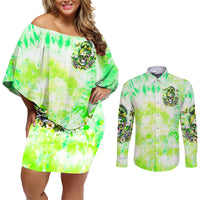 Irish Skull Couples Matching Off Shoulder Short Dress and Long Sleeve Button Shirt Drink Up Bitch - Wonder Print Shop