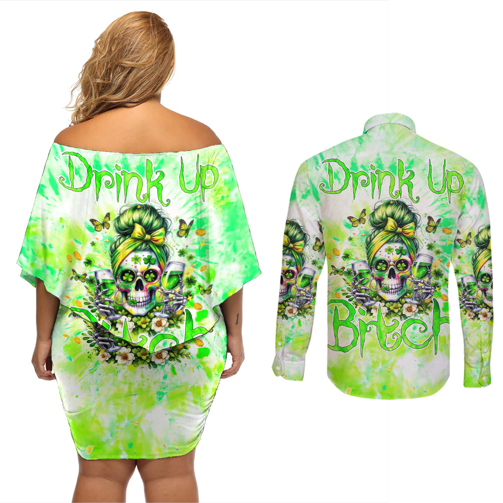Irish Skull Couples Matching Off Shoulder Short Dress and Long Sleeve Button Shirt Drink Up Bitch - Wonder Print Shop