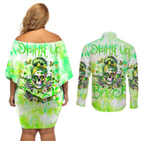 Irish Skull Couples Matching Off Shoulder Short Dress and Long Sleeve Button Shirt Drink Up Bitch - Wonder Print Shop