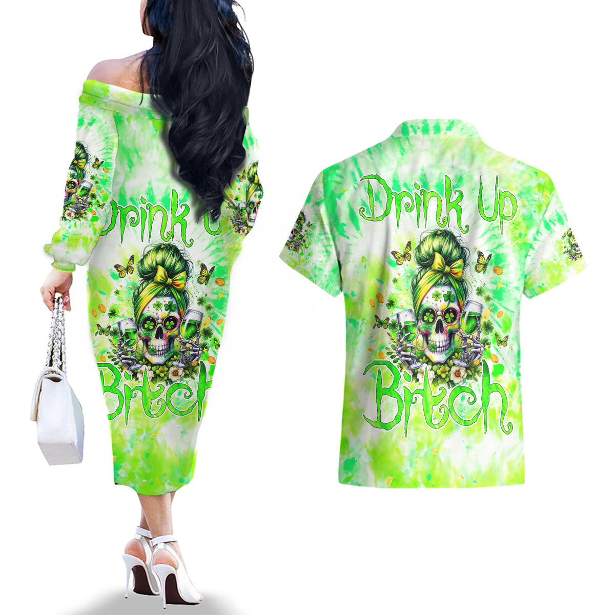 Irish Skull Couples Matching Off The Shoulder Long Sleeve Dress and Hawaiian Shirt Drink Up Bitch - Wonder Print Shop