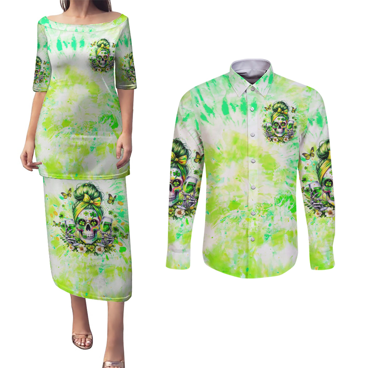 Irish Skull Couples Matching Puletasi and Long Sleeve Button Shirt Drink Up Bitch - Wonder Print Shop