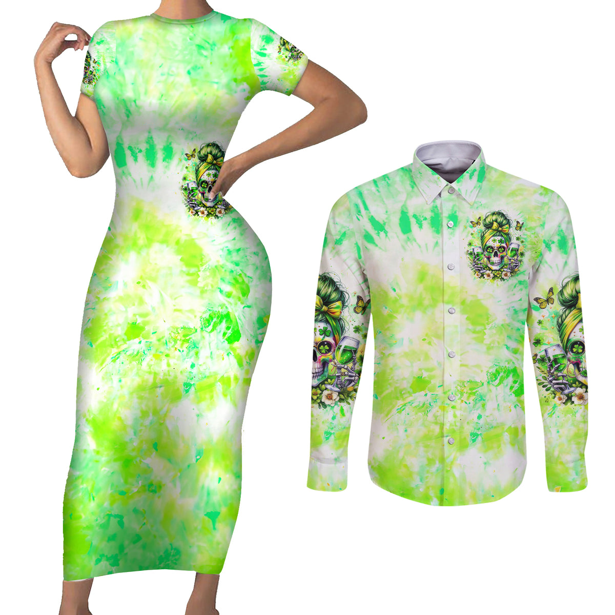 Irish Skull Couples Matching Short Sleeve Bodycon Dress and Long Sleeve Button Shirt Drink Up Bitch - Wonder Print Shop