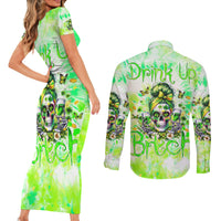 Irish Skull Couples Matching Short Sleeve Bodycon Dress and Long Sleeve Button Shirt Drink Up Bitch - Wonder Print Shop