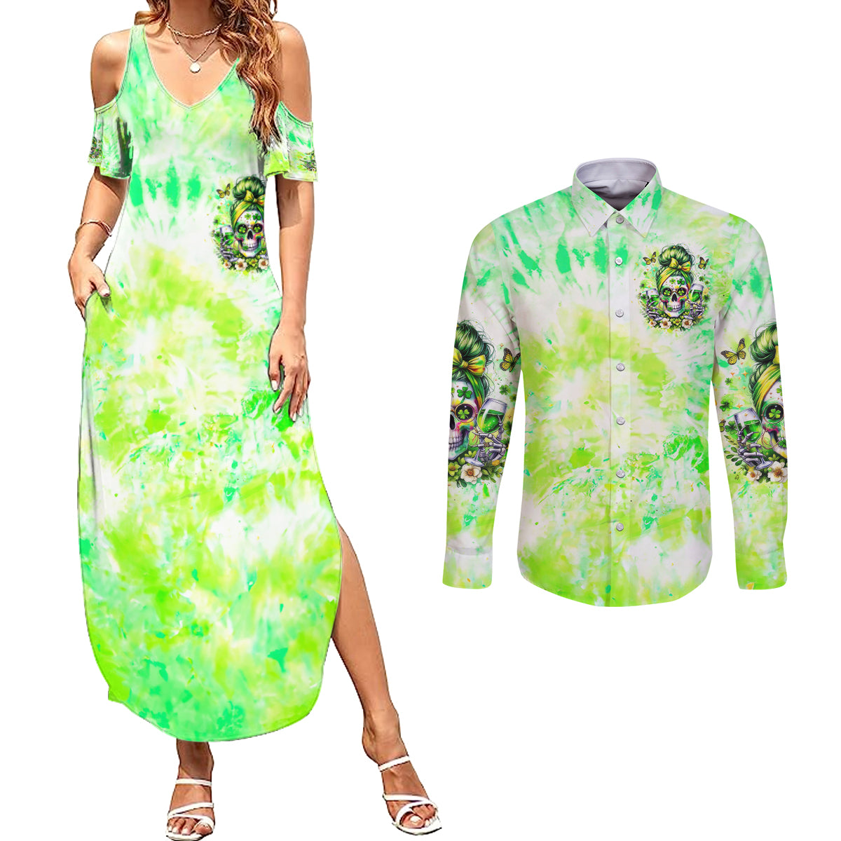 Irish Skull Couples Matching Summer Maxi Dress and Long Sleeve Button Shirt Drink Up Bitch - Wonder Print Shop