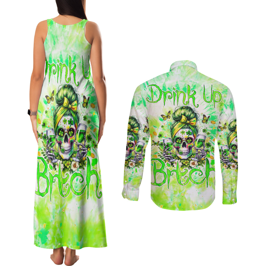 Irish Skull Couples Matching Tank Maxi Dress and Long Sleeve Button Shirt Drink Up Bitch - Wonder Print Shop