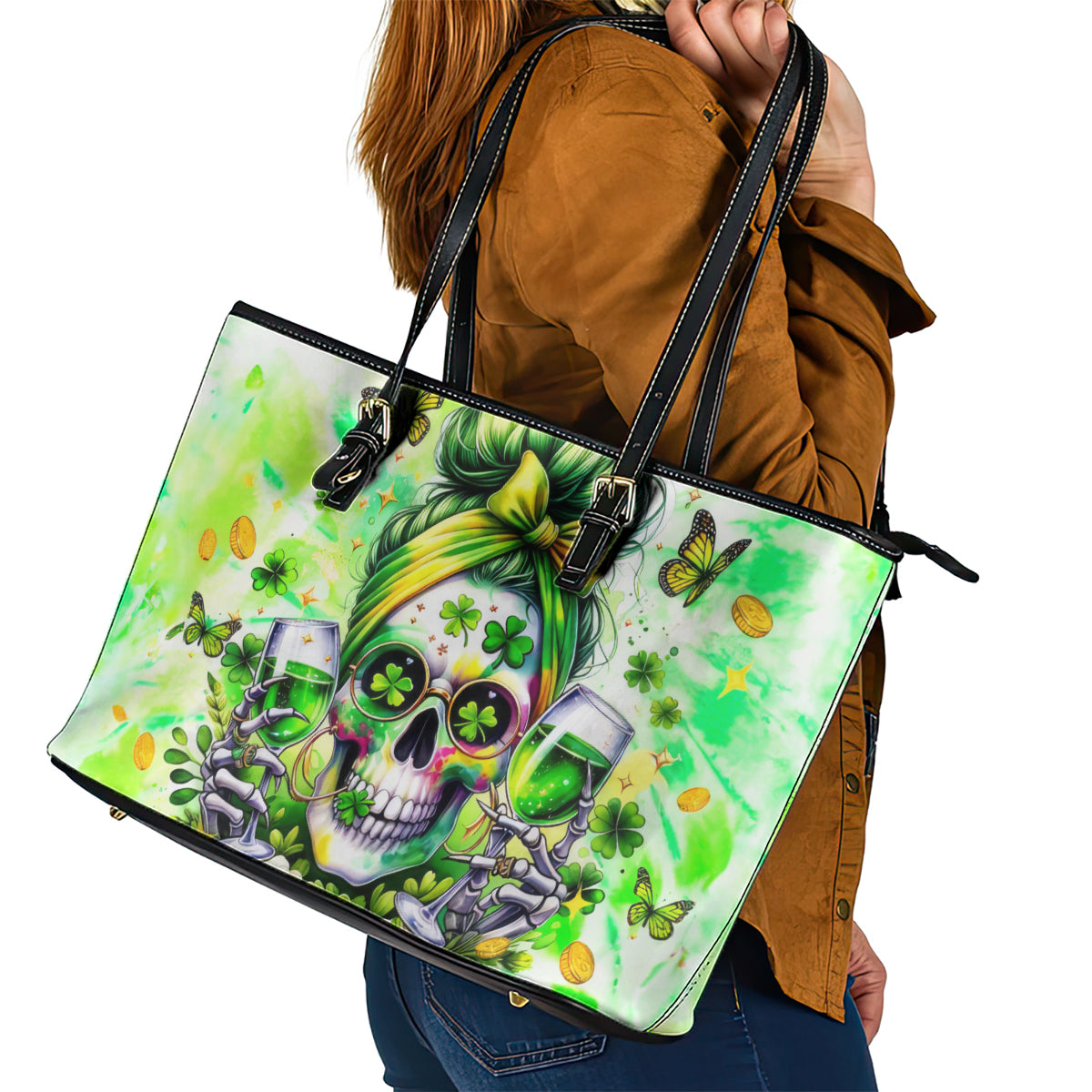 Irish Skull Leather Tote Bag Drink Up Bitch - Wonder Print Shop