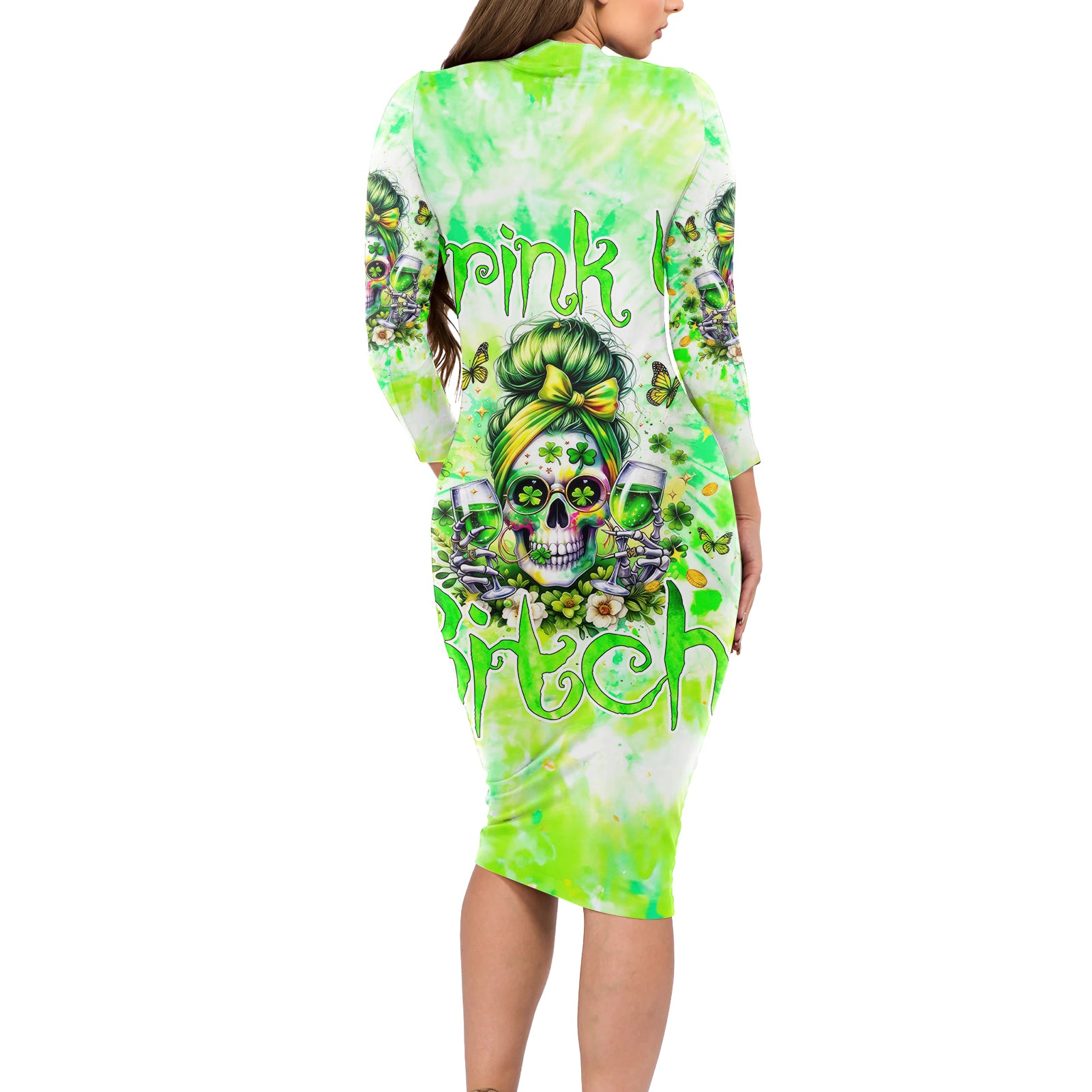 Irish Skull Long Sleeve Bodycon Dress Drink Up Bitch - Wonder Print Shop